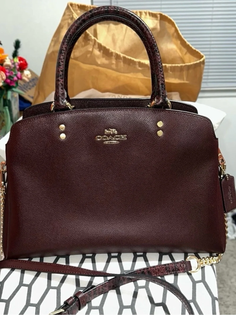 Coach Lillie Carryall Burgundy Leather Satchel with Gold Hardware